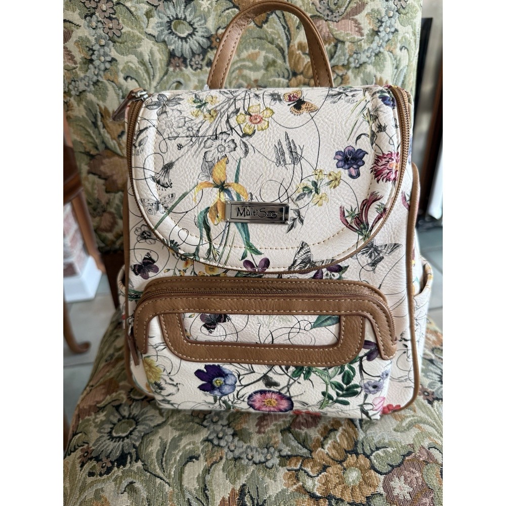 New MultiSac Backpack Tote Purse White Tan Multicolor Floral